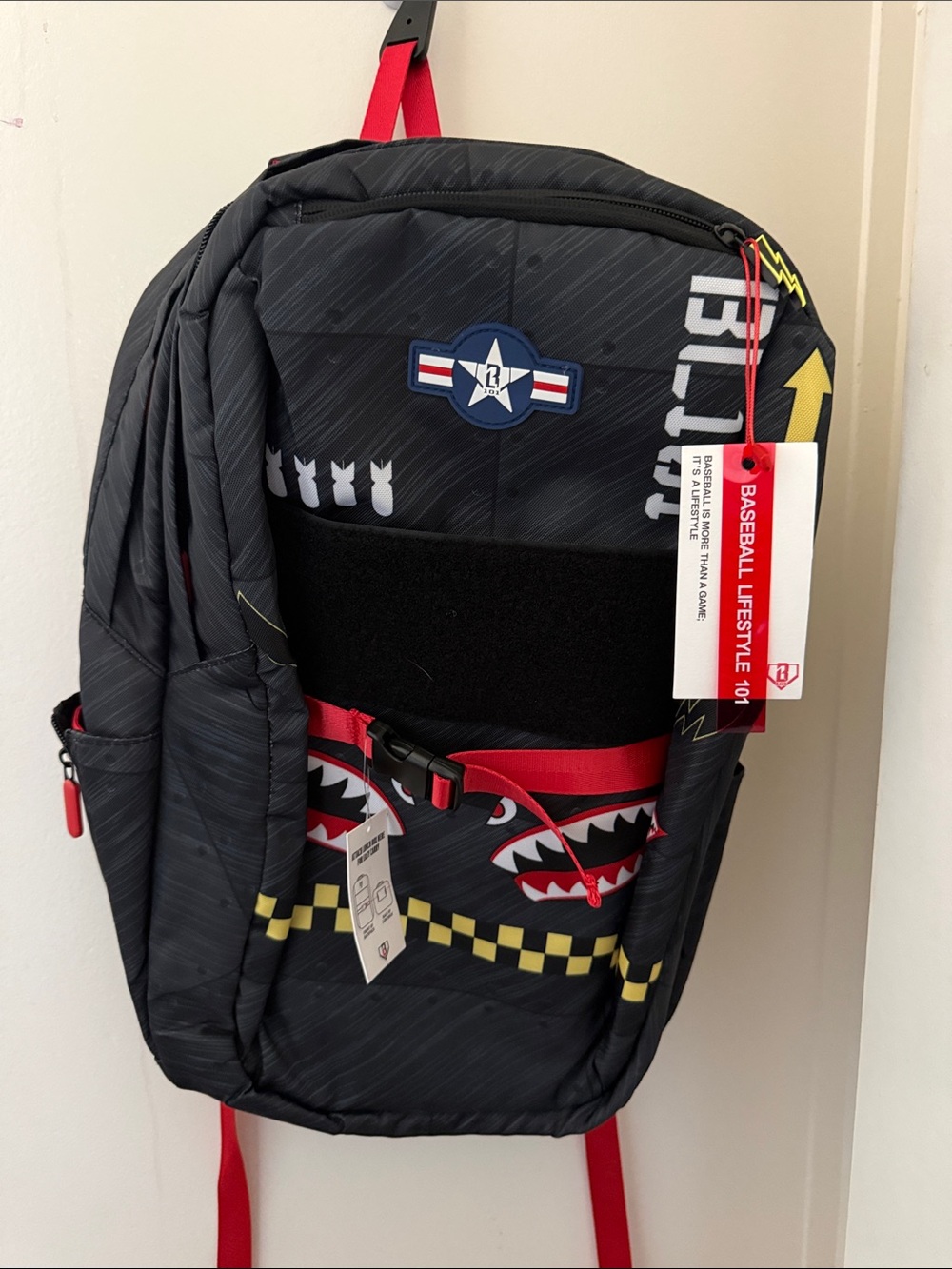 Kids Black Shark Print Backpack with Red Accents